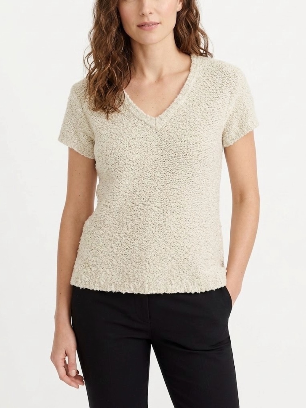 J.Crew Vintage Beige Chunky Textured Knit Short Sleeve V-Neck Sweater M